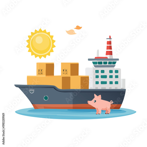 Cartoon illustration of cargo ship transporting boxes with pig and sun