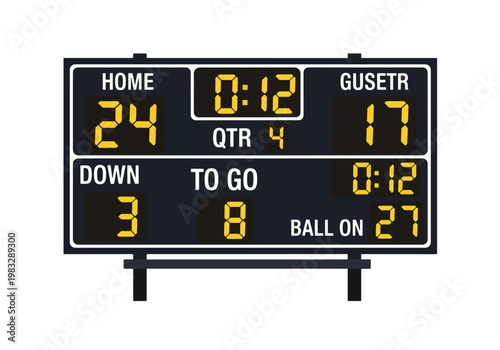 A digital scoreboard displaying game statistics for an American football match.