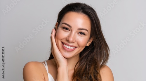 Young Latina with flawless skin, smiling and presenting skincare treatments. 