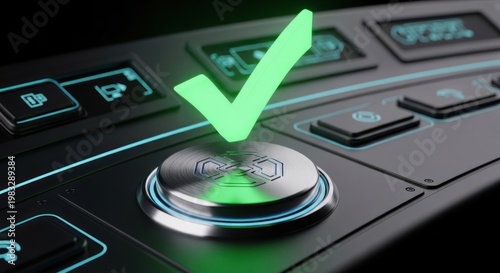 Futuristic control panel with illuminated green checkmark above an activated metallic button