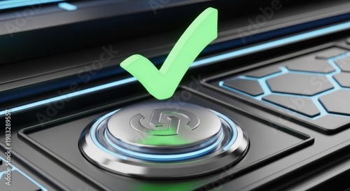 Futuristic button with glowing edges, a light green check mark above, close-up view