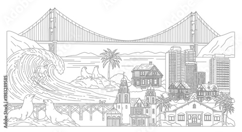 Cityscape with suspension bridge and ocean wave.