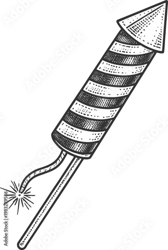 Vintage Firework Rocket – Detailed Black and White Illustration