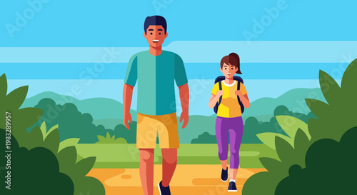 A man and a woman enjoy a peaceful hike through a lush green forest on a clear day, surrounded by trees and foliage