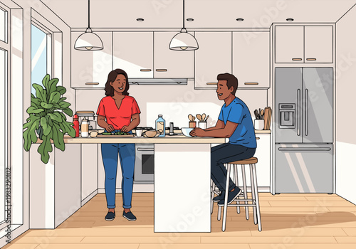 Couple preparing food together in a bright, modern kitchen with sunlight streaming in