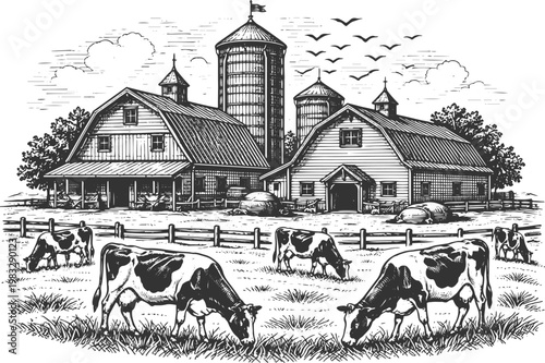Traditional Dairy Farm Scene – Detailed Black and White Illustration