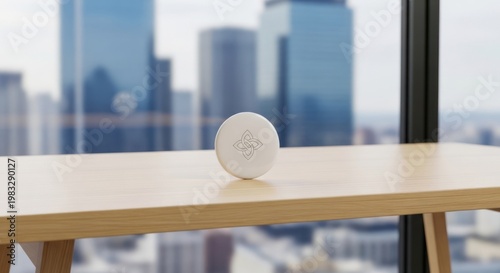 A small, white, circular device with a subtle design on a wooden desk near a city window