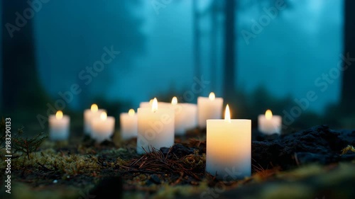 White candles glowing in foggy woods, mysterious forest ritual scene, moody spiritual landscape, soft flame light in dark nature, surreal atmospheric background white candles