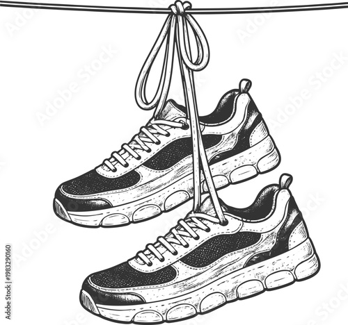 Sneakers Hanging on a Power Line – Detailed Black and White Illustration