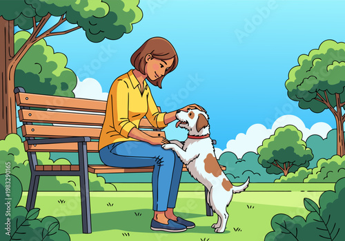 Illustration of a woman sitting on a park bench petting her dog