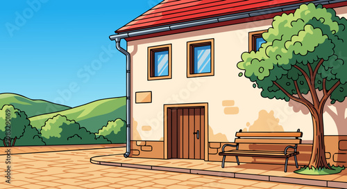 Charming Cartoon House With A Tree And Bench In A Sunny Rural Setting