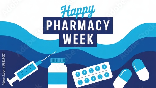 Happy Pharmacy Week greeting banner with medication and healthcare symbols isolated on white background