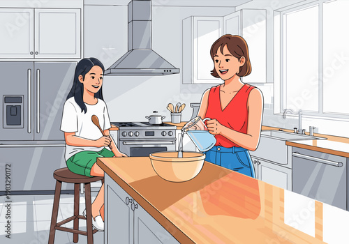 A mother and daughter are in the kitchen preparing food and bonding