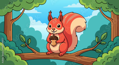 Cute squirrel holding an acorn while sitting on a tree branch surrounded by lush green forest