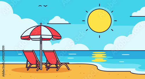 Sunny beach with two empty chairs and umbrella under the bright sun with waves in the ocean and clouds in the sky