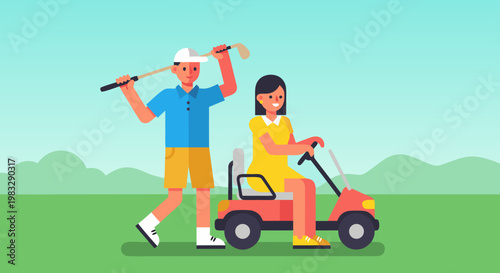 Couple enjoying a leisurely golf game with a man holding a golf club and a woman in a golf cart