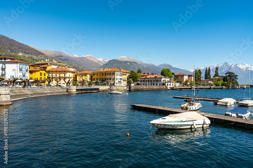 View of the panorama of Lake Como and the town of Dongo, including the marina.