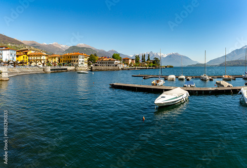 View of the panorama of Lake Como and the town of Dongo, including the marina.