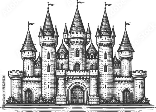 Grand Medieval Castle – Detailed Black and White Illustration