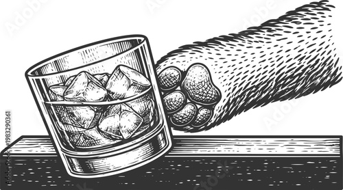 Furry Paw Holding Whiskey Glass – Detailed Black and White Illustration