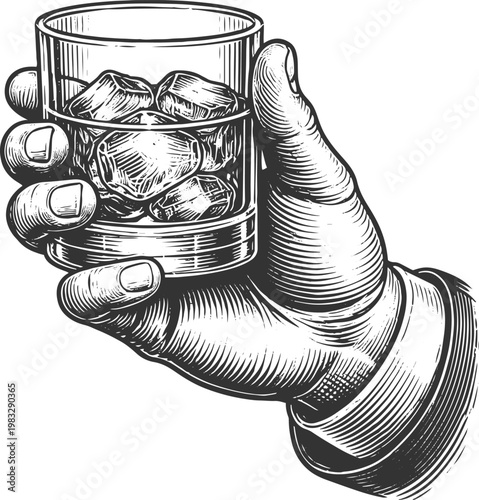 Elegant Hand Holding Tumbler Glass – Detailed Black and White Illustration