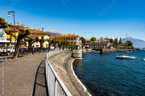 View of the panorama of Lake Como and the town of Dongo, including the marina.