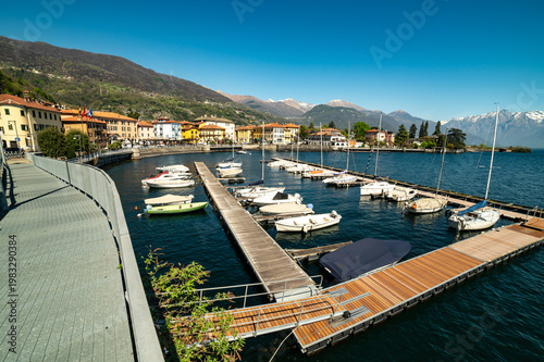 View of the panorama of Lake Como and the town of Dongo, including the marina.
