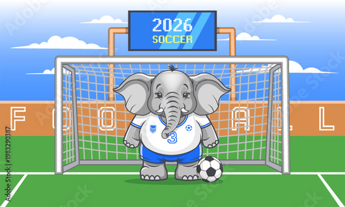 Vector cartoon of big chubby cute comical elephant soccer player in sports uniform. Field, goal gate, scoreboard and toon cloudy sky. Championship. Animal gamer. Football