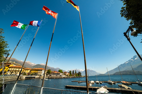 View of the panorama of Lake Como and the town of Dongo, including the marina.