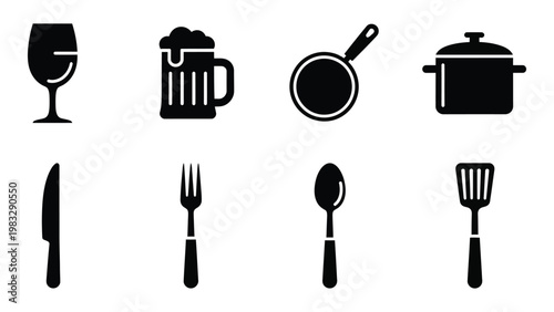 A collection of black silhouette icons depicting various kitchen and dining utensils high quality professional detailed
