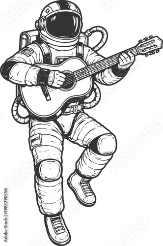 Astronaut Jamming in Deep Space - Vintage Space Music Illustration