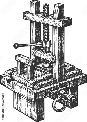 Antique Wooden Screw Press - Vintage Engraving Illustration