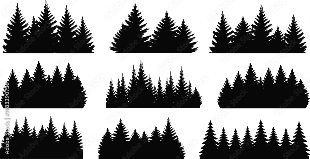 Fototapeta premium Collection of pine forest silhouette borders, black evergreen tree lines isolated, natural woodland elements for landscape design and winter illustration