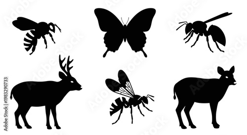 Collection of Animal Silhouettes: Butterfly, Bees, and Deer Wildlife Vector Set