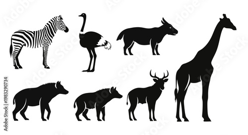 Collection of African Safari Animal Silhouettes Isolated on White Background