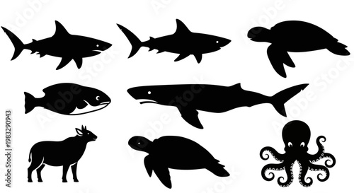 Diverse Animal Silhouettes Collection: Marine Life and Farm Animal Icons