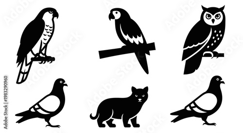 Diverse Animal Silhouettes Collection: Hawk, Parrot, Owl, Pigeons, and Cat Icons