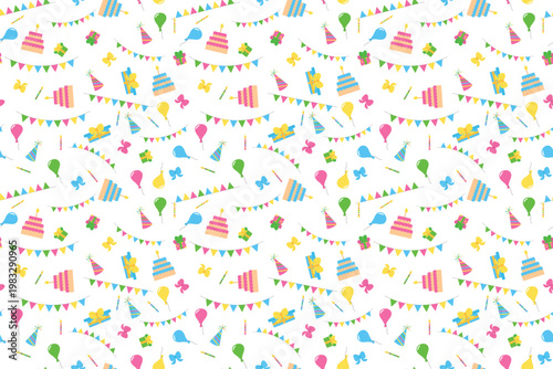 Seamless vector pattern Birthday elements including cakes, flags, balloons, confetti, gift boxes. Colorful festive design perfect for wrapping paper, textiles, invitations and celebration backgrounds.