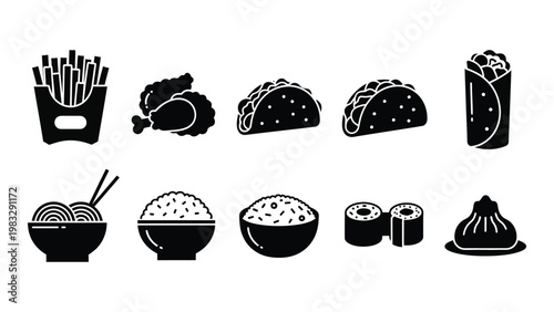 A collection of monochrome icons depicting various fast food and meal options high quality professional detailed