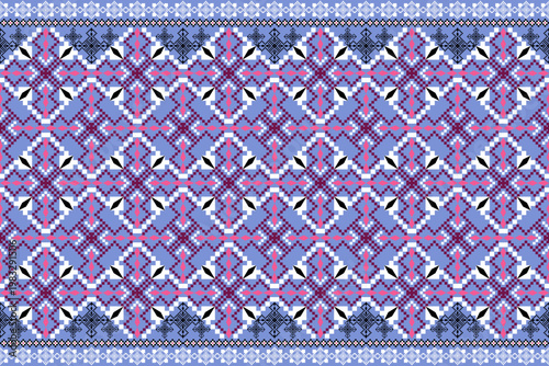 Traditional Thai textile pattern in purple, blue, and pink geometric design. Ethnic seamless fabric texture inspired by northern hill tribe weaving.