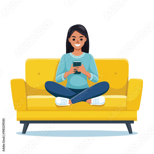 Woman using smartphone on yellow sofa isolated against a white background