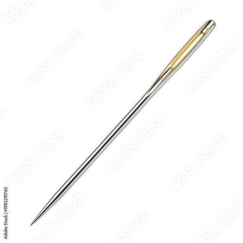 Single sewing needle with gold eye isolated on transparent background