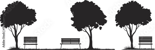 Park bench with tree silhouettes, black isolated urban garden elements, outdoor landscape scene for city park illustration and design projects