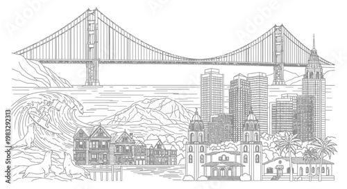 Cityscape with bridge and mountain view.