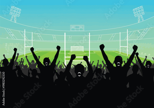 Silhouettes of an excited crowd cheering at a sports stadium with goalposts and floodlights under a blue sky.