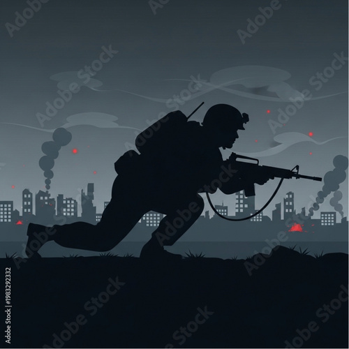 Soldier Running with Rifle in Combat.