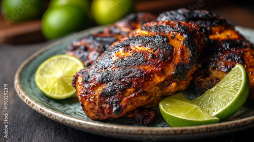Char-grilled jerk chicken pieces with fresh lime slices on a rustic plate