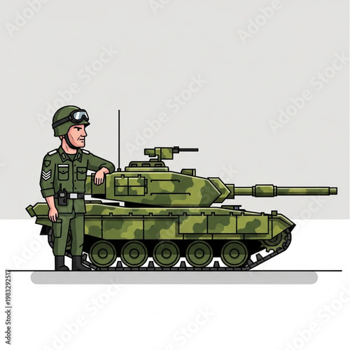 Soldier Standing Beside Camouflage Tank Vehicle.