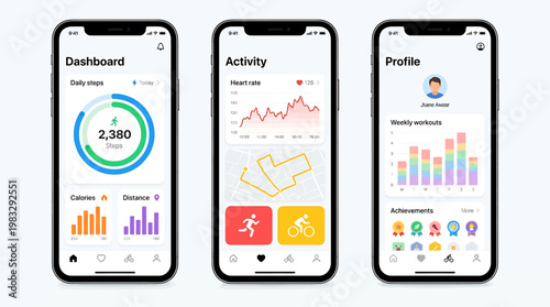 Modern fitness tracker app interface design showcasing dashboard, activity, and profile screens with visual data representation