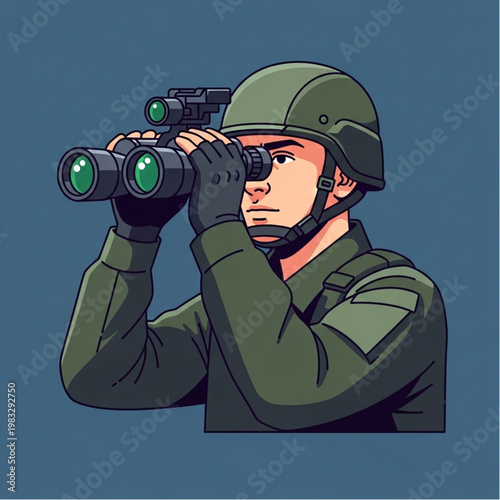 Soldier Using Binoculars for Surveillance.